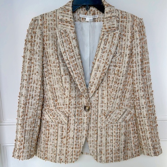 Veronica Beard Dickey Blazer Single button Jacket Cutaway Dickey Tweed 6 Ivory - Picture 1 of 16